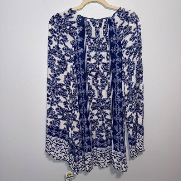 NWT INC Womens Boho Blue & White Long Sleeve Top Size L Damask Scroll - Picture 7 of 7